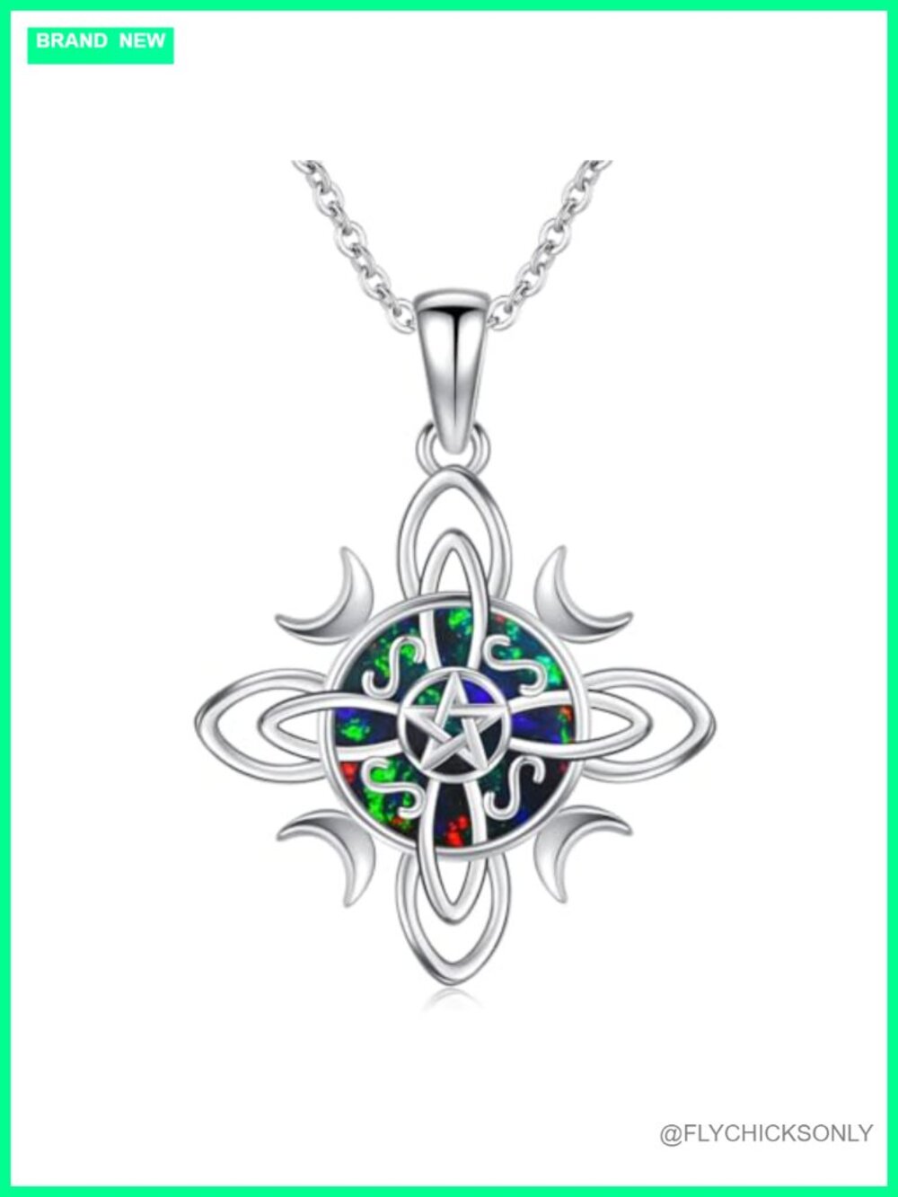 925 Sterling Silver Witch Knot Necklace Black Opal Pendant Wiccan Jewelry